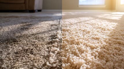 A side-by-side comparison of dark soiled carpet and bright clean carpet.