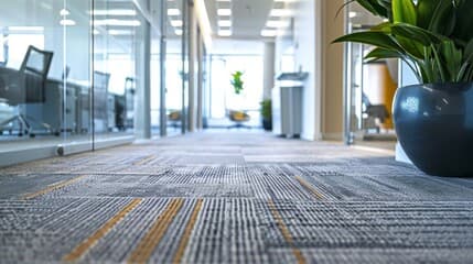 Clean low-pile carpet running through a bright modern office corridor.