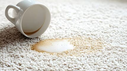 A tipped cup beside a pale spill mark on white carpet.