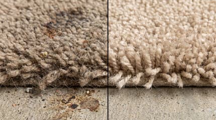 A close-up comparison of heavily soiled carpet and clean carpet fibers.