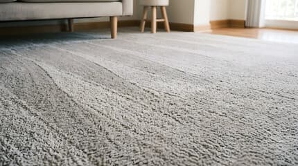 Fresh professional cleaning tracks across grey residential carpet.