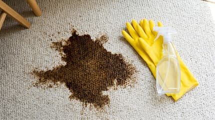 A dark grease or oil stain on light carpet beside yellow cleaning gloves and a spray bottle.