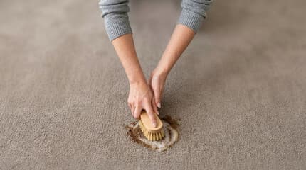 A person scrubbing an old brown stain on grey carpet with a brush.